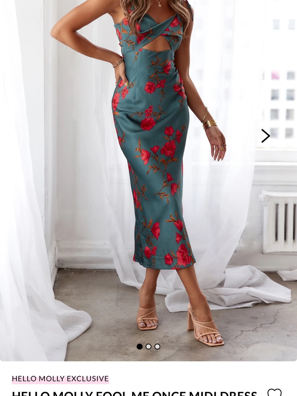 Hello Molly Teal Floral Cutout Midi Dress with Red Blossoms